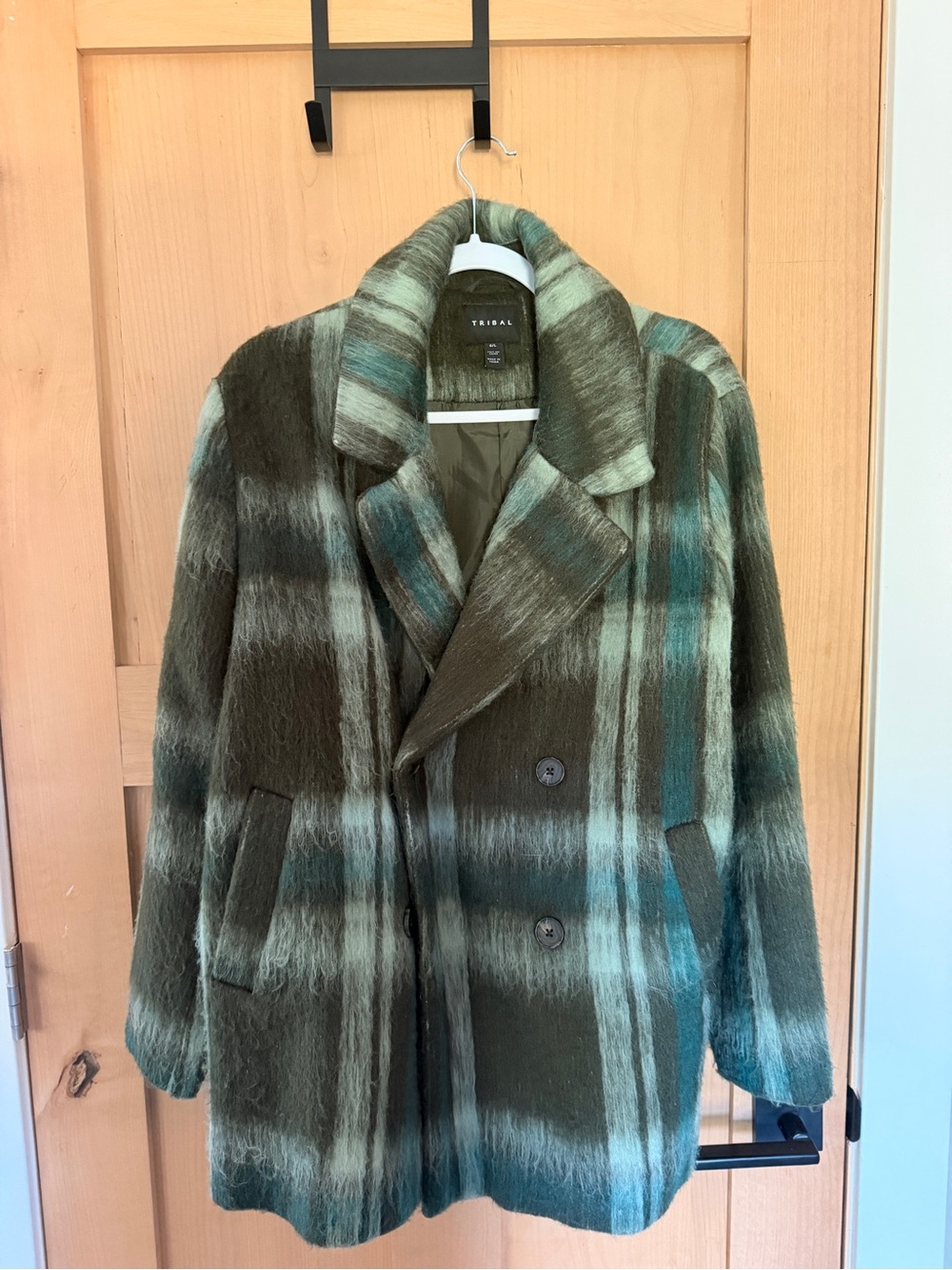 Tribal Forest green, Olive, Teal & Cream Plaid Wool-Blend Double-Breasted Coat
